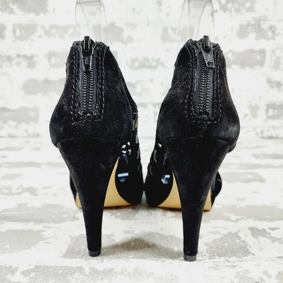 NEW Nine West Black Suede Laser Cut Back Zip High Heeled Booties F725 - Picture 6 of 12
